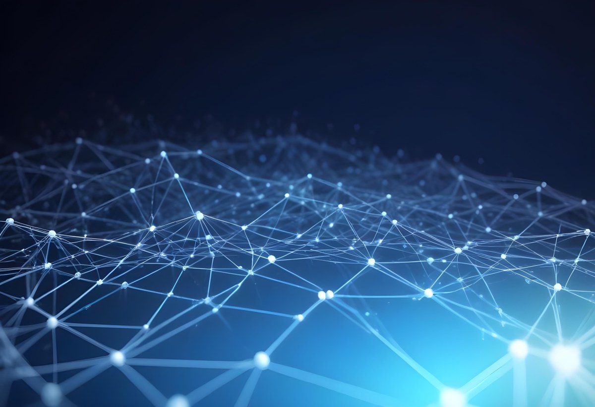 3d Model Abstract Network Of Interconnected White Lines And Dots Forming A Grid Like Structure Set Against A Gradient Background Transitioning From Dark Blue To Light Blue Figure Octane Render Volumetric Highly Det 20 Ff8c