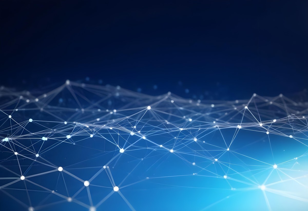 3d Model Abstract Network Of Interconnected White Lines And Dots Forming A Grid Like Structure Set Against A Gradient Background Transitioning From Dark Blue To Light Blue Figure Octane Render Volumetric Highly Det 21 80aa