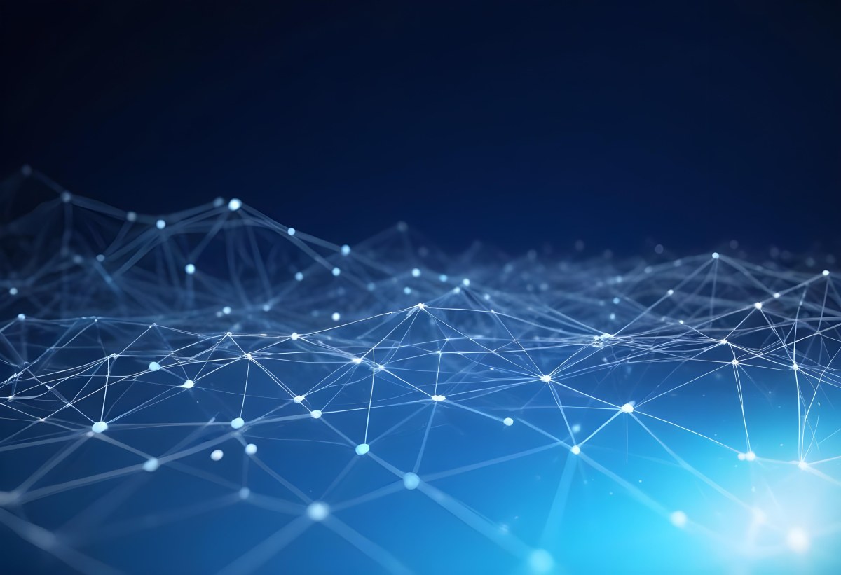 3d Model Abstract Network Of Interconnected White Lines And Dots Forming A Grid Like Structure Set Against A Gradient Background Transitioning From Dark Blue To Light Blue Figure Octane Render Volumetric Highly Det 22 281d