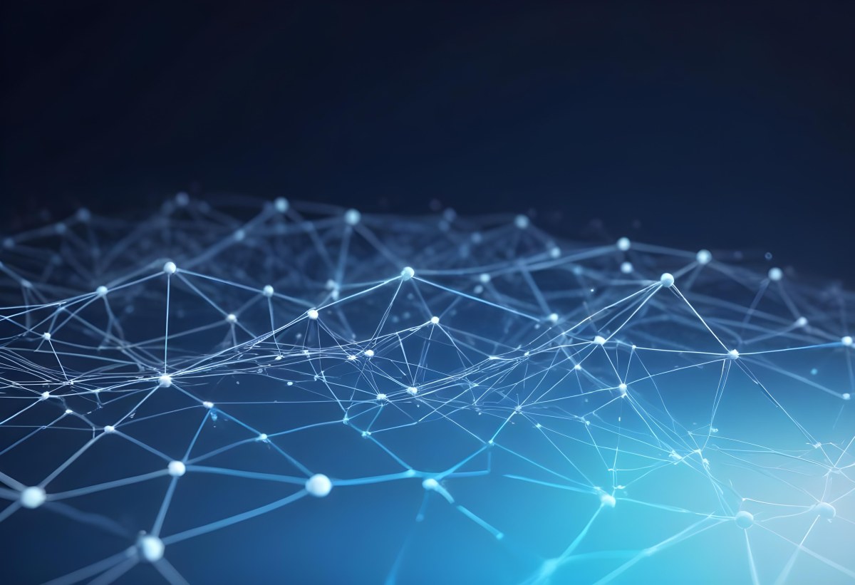 3d Model Abstract Network Of Interconnected White Lines And Dots Forming A Grid Like Structure Set Against A Gradient Background Transitioning From Dark Blue To Light Blue Figure Octane Render Volumetric Highly Det 23 A0ba