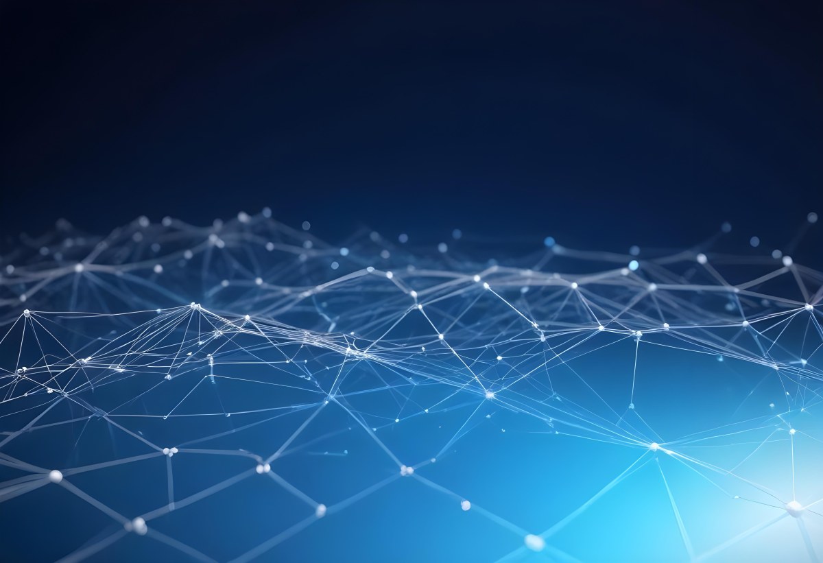 3d Model Abstract Network Of Interconnected White Lines And Dots Forming A Grid Like Structure Set Against A Gradient Background Transitioning From Dark Blue To Light Blue Figure Octane Render Volumetric Highly Det 3 014d