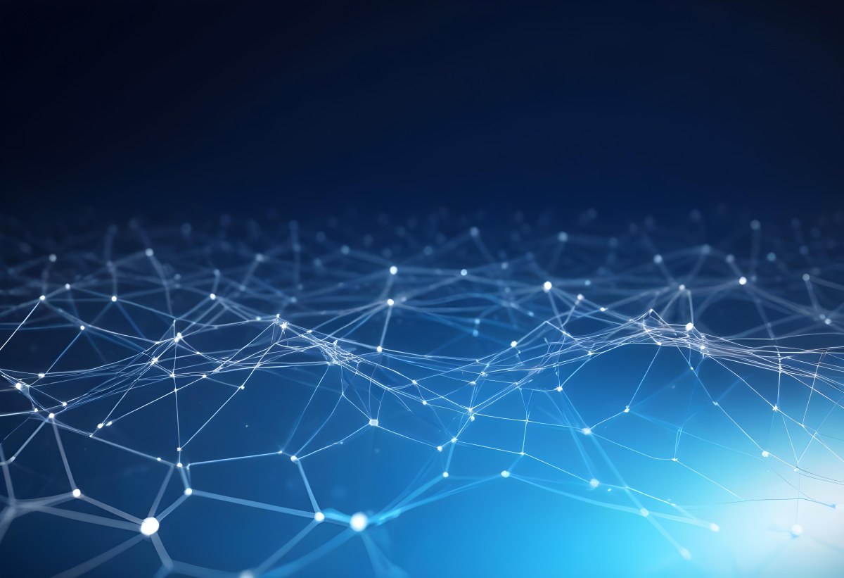 3d Model Abstract Network Of Interconnected White Lines And Dots Forming A Grid Like Structure Set Against A Gradient Background Transitioning From Dark Blue To Light Blue Figure Octane Render Volumetric Highly Det 4 F15e