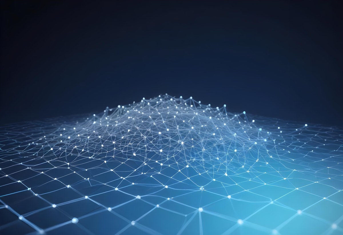 3d Model Abstract Network Of Interconnected White Lines And Dots Forming A Grid Like Structure Set Against A Gradient Background Transitioning From Dark Blue To Light Blue Figure Octane Render Volumetric Highly Det 5 5b66