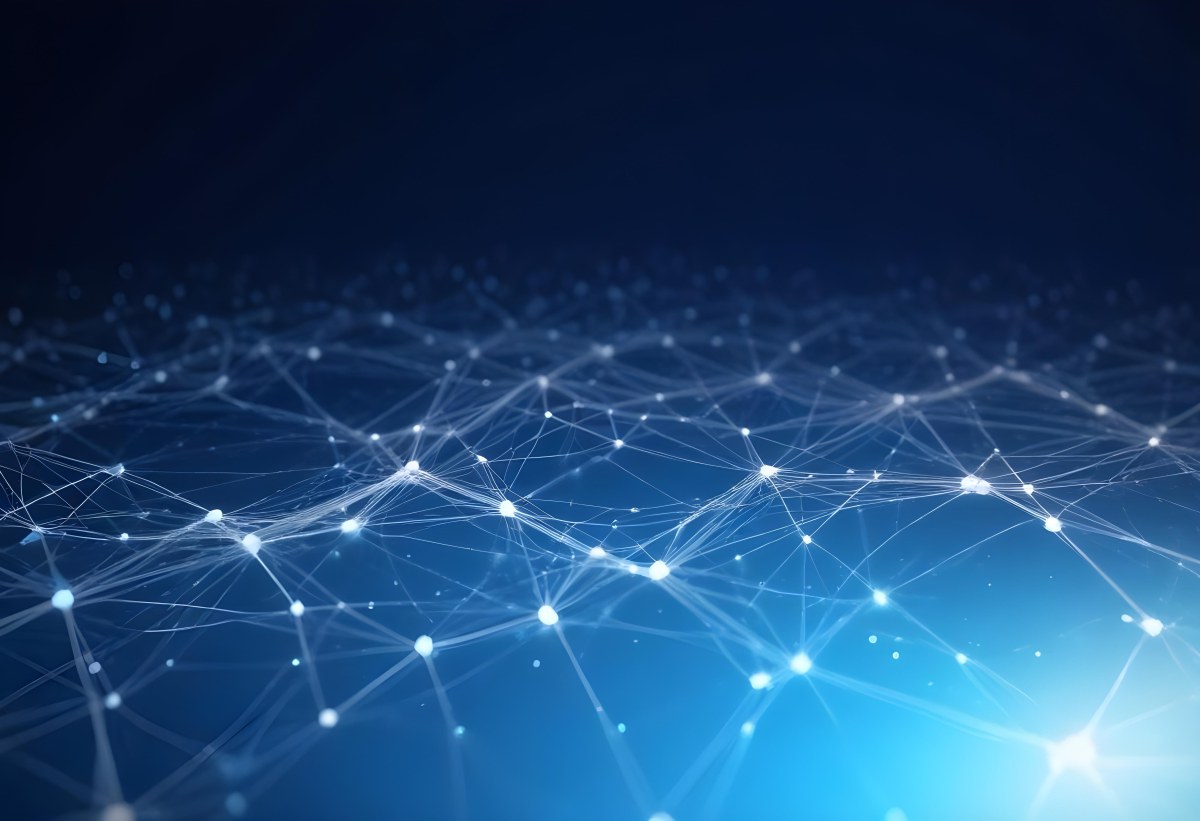 3d Model Abstract Network Of Interconnected White Lines And Dots Forming A Grid Like Structure Set Against A Gradient Background Transitioning From Dark Blue To Light Blue Figure Octane Render Volumetric Highly Det 6 D768