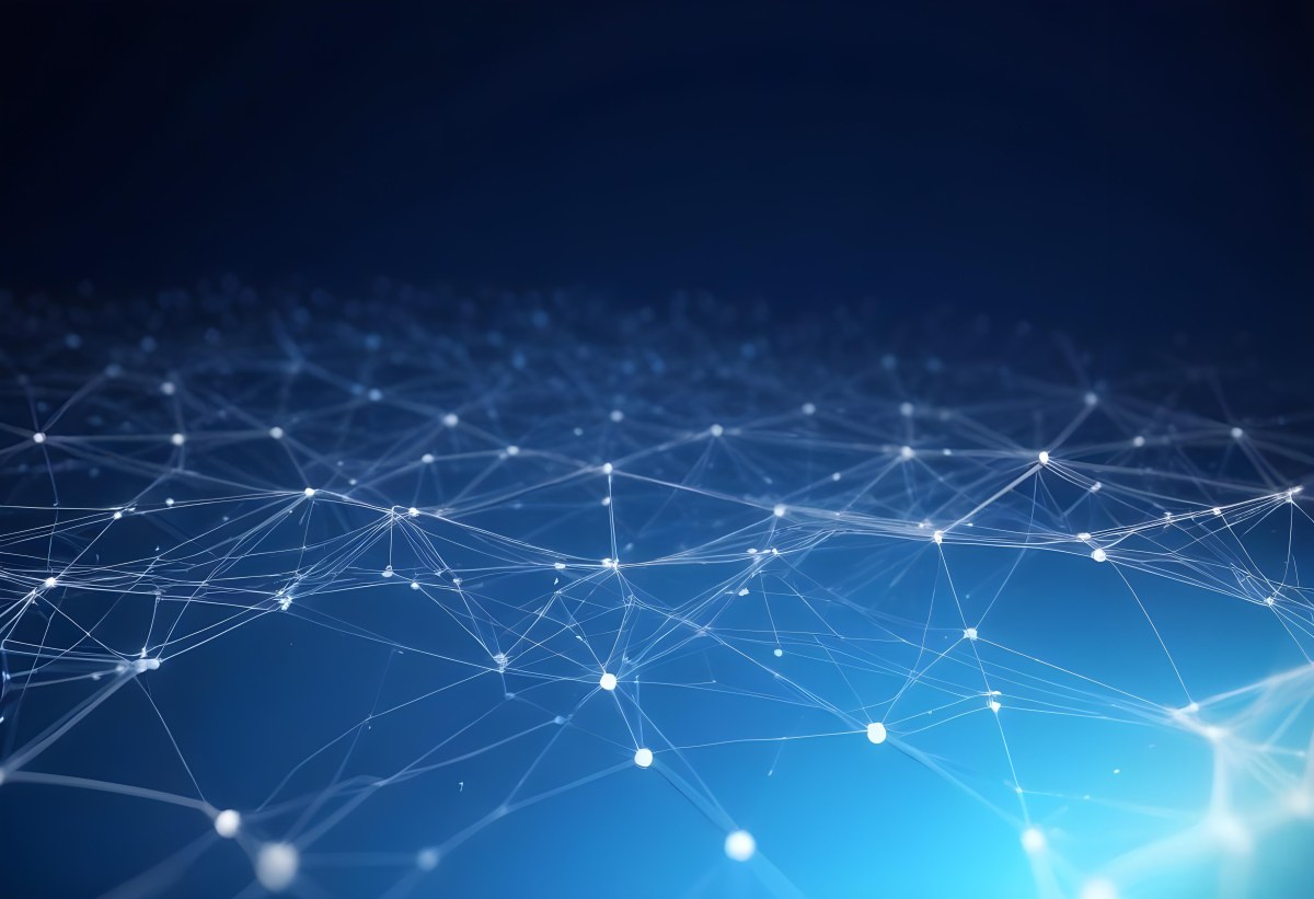 3d Model Abstract Network Of Interconnected White Lines And Dots Forming A Grid Like Structure Set Against A Gradient Background Transitioning From Dark Blue To Light Blue Figure Octane Render Volumetric Highly Det 7 F15b