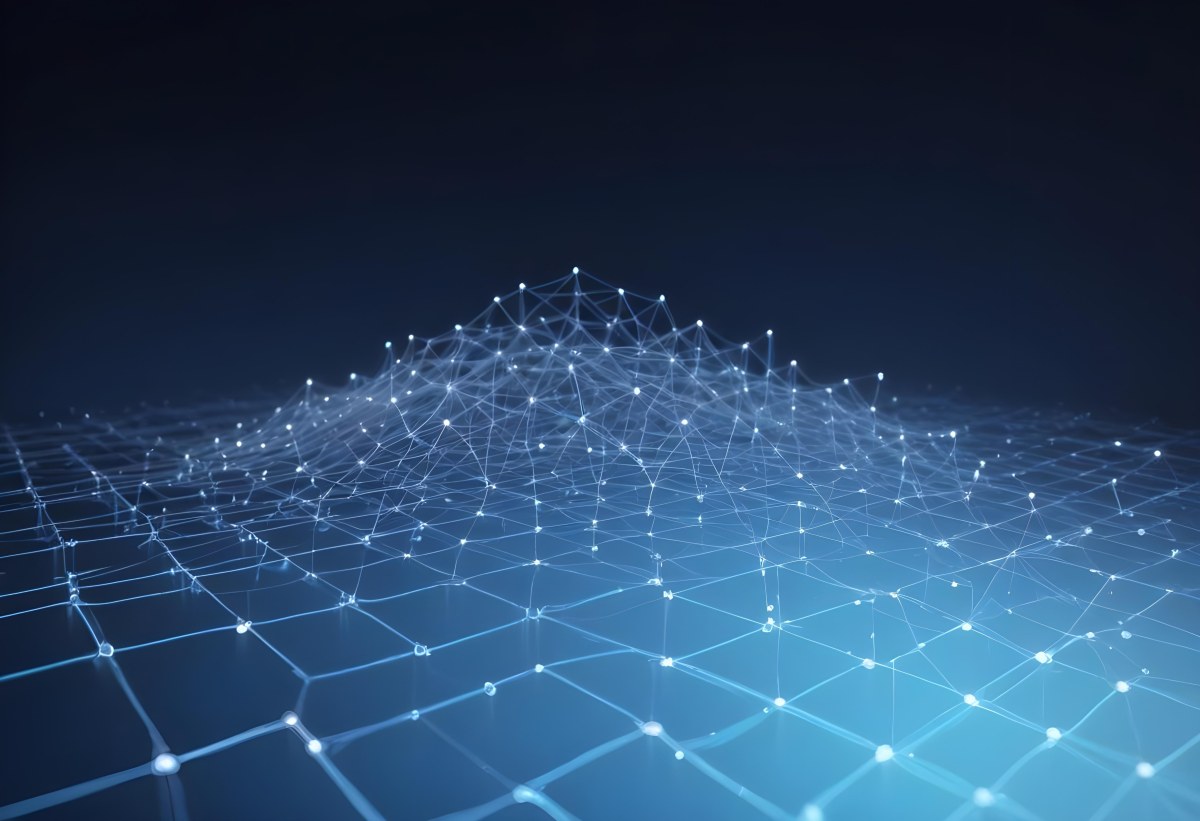 3d Model Abstract Network Of Interconnected White Lines And Dots Forming A Grid Like Structure Set Against A Gradient Background Transitioning From Dark Blue To Light Blue Figure Octane Render Volumetric Highly Det 8 0953