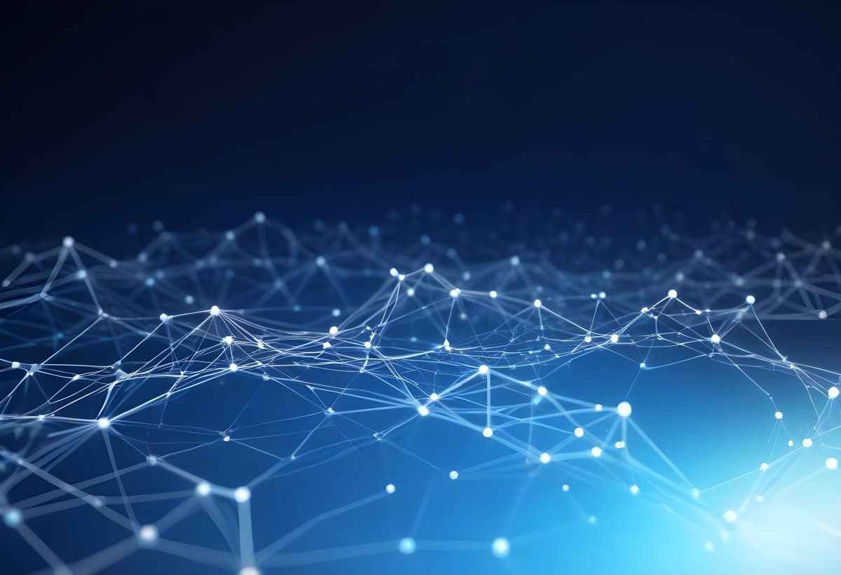 3d Model Abstract Network Of Interconnected White Lines And Dots Forming A Grid Like Structure Set Against A Gradient Background Transitioning From Dark Blue To Light Blue Figure Octane Render Volumetric Highly Det 9 Cc47