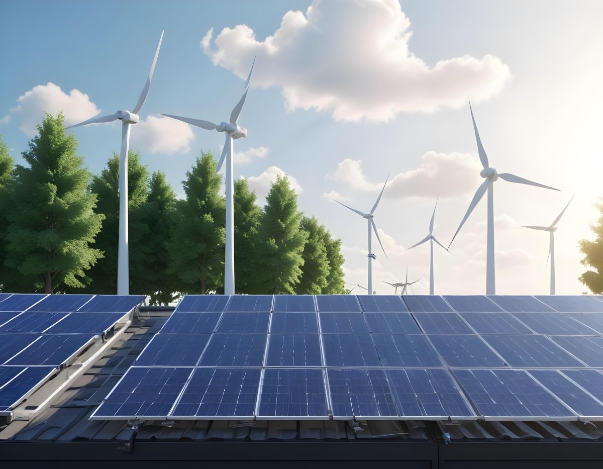 3d Model Solar Panels On A Rooftop With Wind Turbines In The Sky Green Trees Blue Sky With Some Clouds Clean Energy Concept Figure Octane Render Volumetric Highly Detailed Videogame Aesthetic 13 Fc83