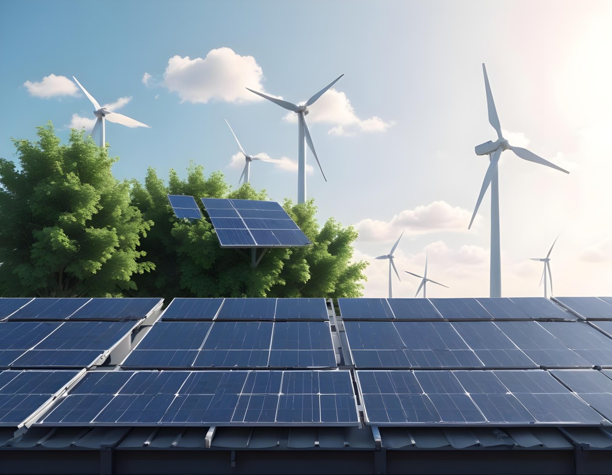 3d Model Solar Panels On A Rooftop With Wind Turbines In The Sky Green Trees Blue Sky With Some Clouds Clean Energy Concept Figure Octane Render Volumetric Highly Detailed Videogame Aesthetic 17 D9e4