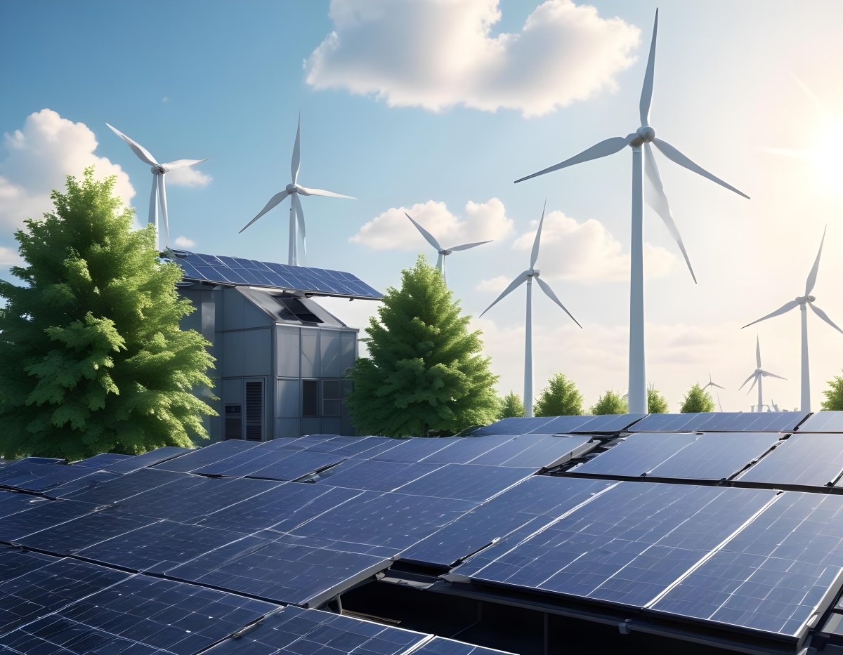 3d Model Solar Panels On A Rooftop With Wind Turbines In The Sky Green Trees Blue Sky With Some Clouds Clean Energy Concept Figure Octane Render Volumetric Highly Detailed Videogame Aesthetic 22 12e0