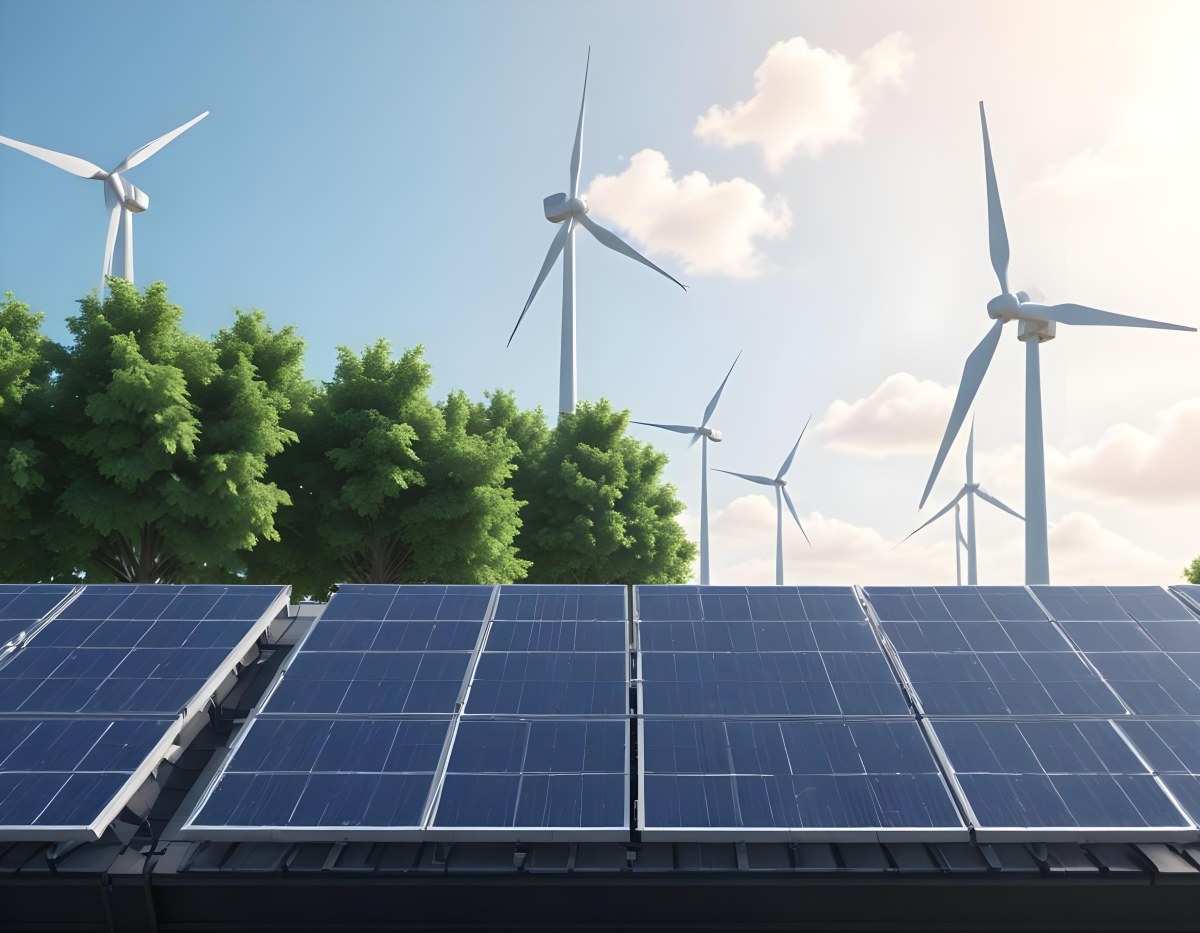 3d Model Solar Panels On A Rooftop With Wind Turbines In The Sky Green Trees Blue Sky With Some Clouds Clean Energy Concept Figure Octane Render Volumetric Highly Detailed Videogame Aesthetic 26 Afed