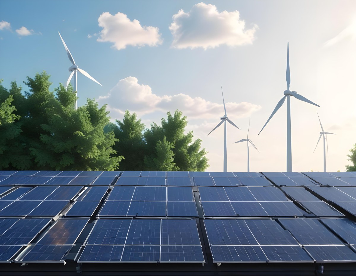 3d Model Solar Panels On A Rooftop With Wind Turbines In The Sky Green Trees Blue Sky With Some Clouds Clean Energy Concept Figure Octane Render Volumetric Highly Detailed Videogame Aesthetic 42 0859