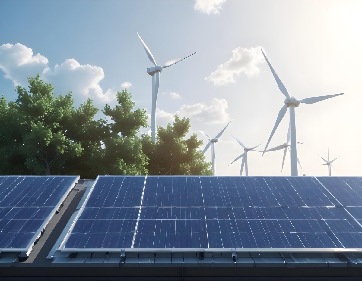 3d Model Solar Panels On A Rooftop With Wind Turbines In The Sky Green Trees Blue Sky With Some Clouds Clean Energy Concept Figure Octane Render Volumetric Highly Detailed Videogame Aesthetic 44 7f68