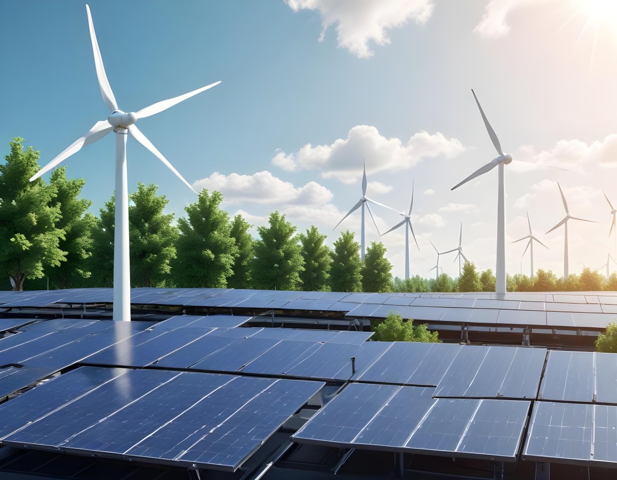 3d Model Solar Panels On A Rooftop With Wind Turbines In The Sky Green Trees Blue Sky With Some Clouds Clean Energy Concept Figure Octane Render Volumetric Highly Detailed Videogame Aesthetic 45 9c29