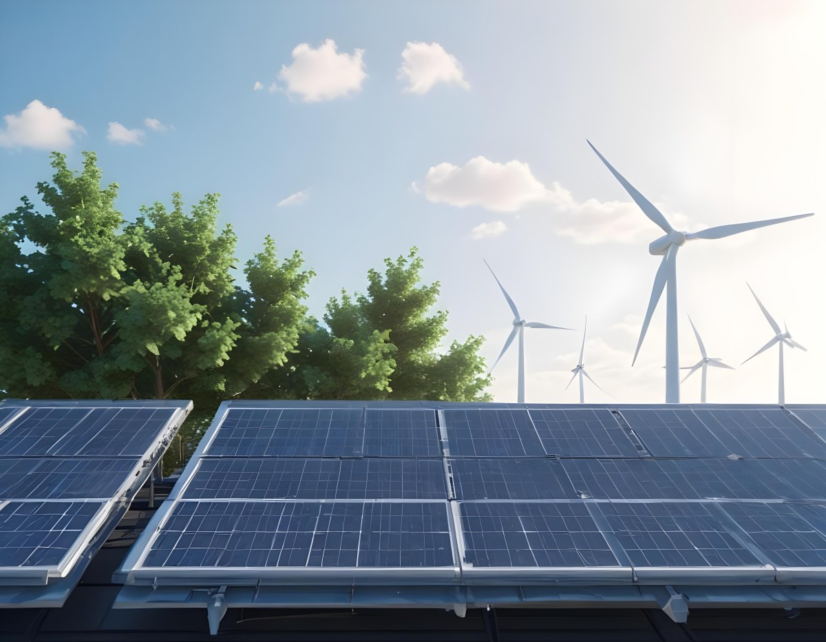 3d Model Solar Panels On A Rooftop With Wind Turbines In The Sky Green Trees Blue Sky With Some Clouds Clean Energy Concept Figure Octane Render Volumetric Highly Detailed Videogame Aesthetic 46 Db5d