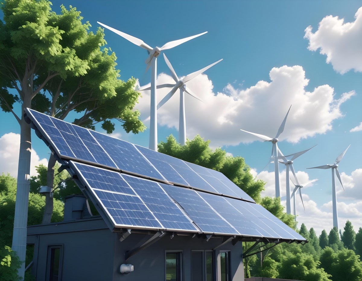 3d Model Solar Panels On A Rooftop With Wind Turbines In The Sky Green Trees Blue Sky With Some Clouds Clean Energy Concept Figure Octane Render Volumetric Highly Detailed Videogame Aesthetic 47 01fe