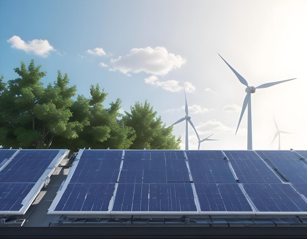 3d Model Solar Panels On A Rooftop With Wind Turbines In The Sky Green Trees Blue Sky With Some Clouds Clean Energy Concept Figure Octane Render Volumetric Highly Detailed Videogame Aesthetic 48 Ad85