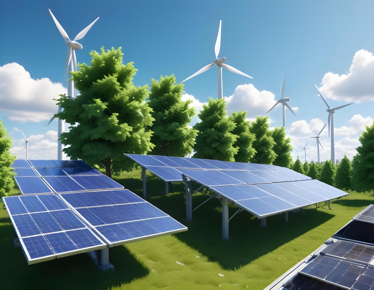 3d Model Solar Panels On A Rooftop With Wind Turbines In The Sky Green Trees Blue Sky With Some Clouds Clean Energy Concept Figure Octane Render Volumetric Highly Detailed Videogame Aesthetic 6 E3fd