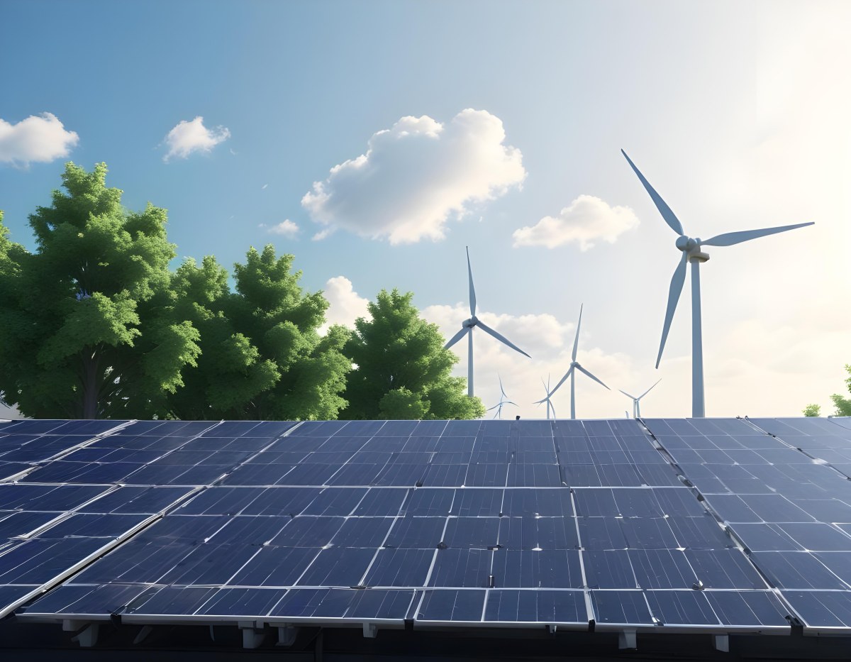 3d Model Solar Panels On A Rooftop With Wind Turbines In The Sky Green Trees Blue Sky With Some Clouds Clean Energy Concept Figure Octane Render Volumetric Highly Detailed Videogame Aesthetic 8 Dcb4
