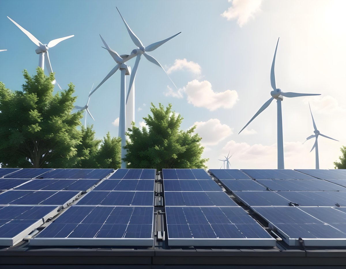 3d Model Solar Panels On A Rooftop With Wind Turbines In The Sky Green Trees Blue Sky With Some Clouds Clean Energy Concept Figure Octane Render Volumetric Highly Detailed Videogame Aesthetic 9 97de