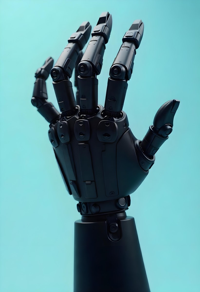 A Black Robotic Hand With Metallic Details Palm Facing Forward Fingers Slightly Curled Against A Solid Light Blue Background 2 726e