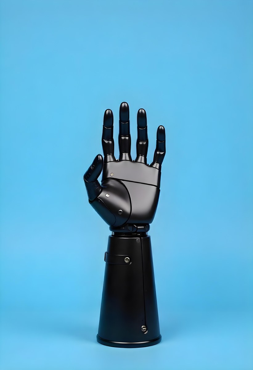 A Black Robotic Hand With Metallic Details Palm Facing Forward Fingers Slightly Curled Against A Solid Light Blue Background 20 C832