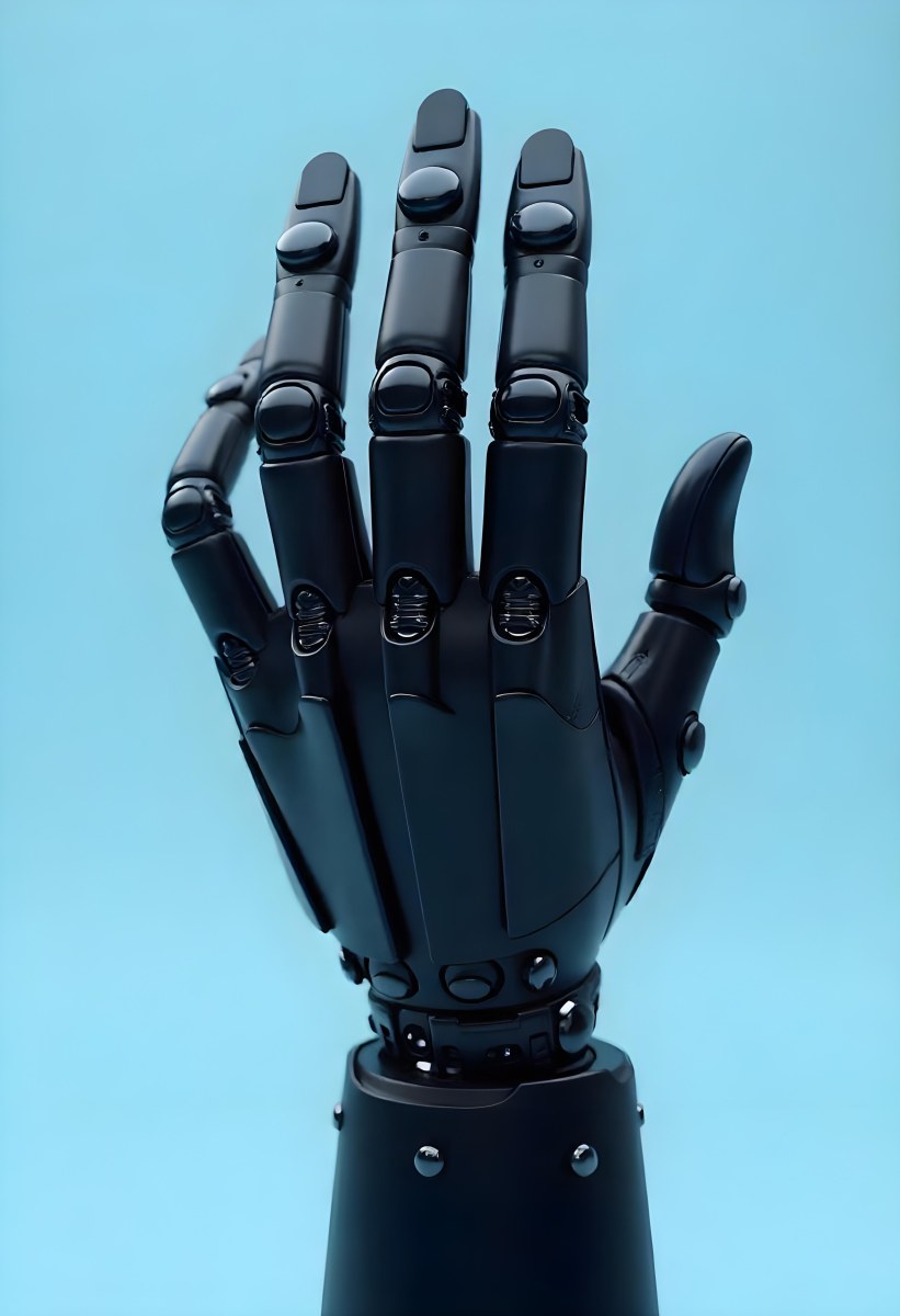 A Black Robotic Hand With Metallic Details Palm Facing Forward Fingers Slightly Curled Against A Solid Light Blue Background 24 3b84