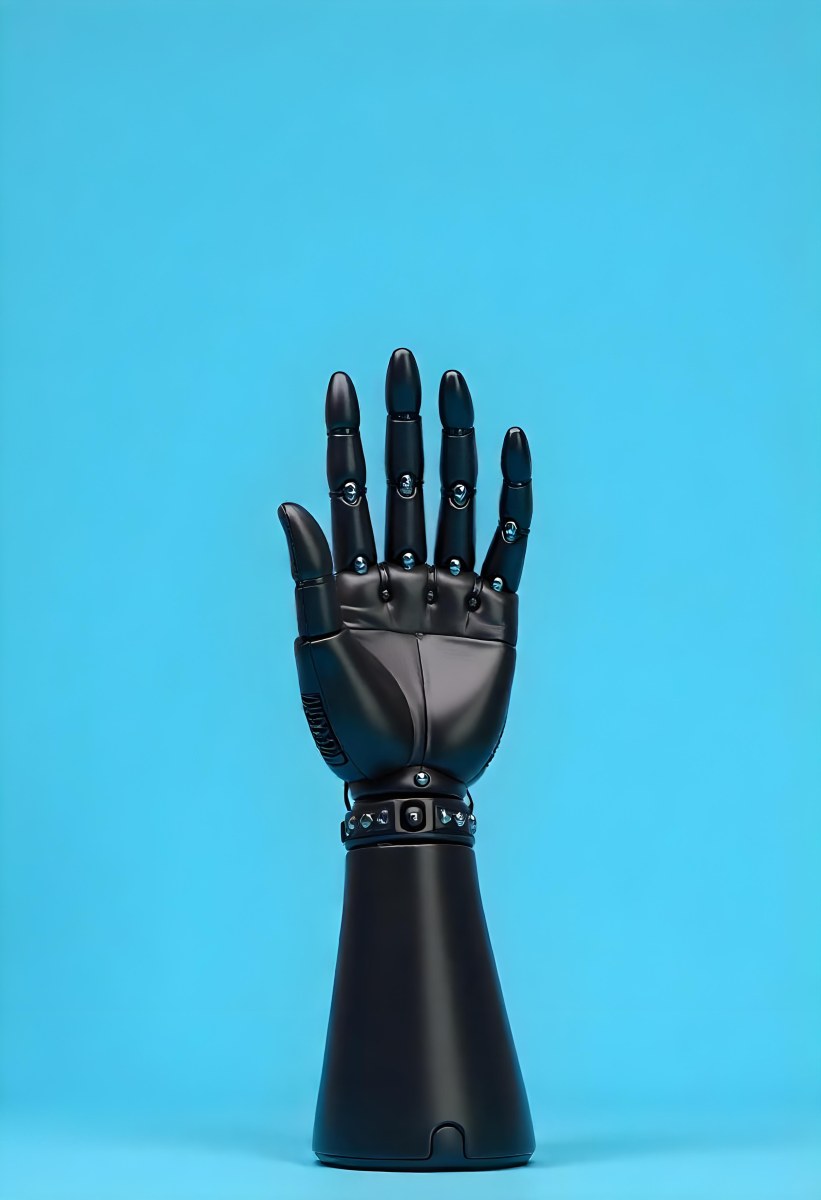 A Black Robotic Hand With Metallic Details Palm Facing Forward Fingers Slightly Curled Against A Solid Light Blue Background 25 90fb