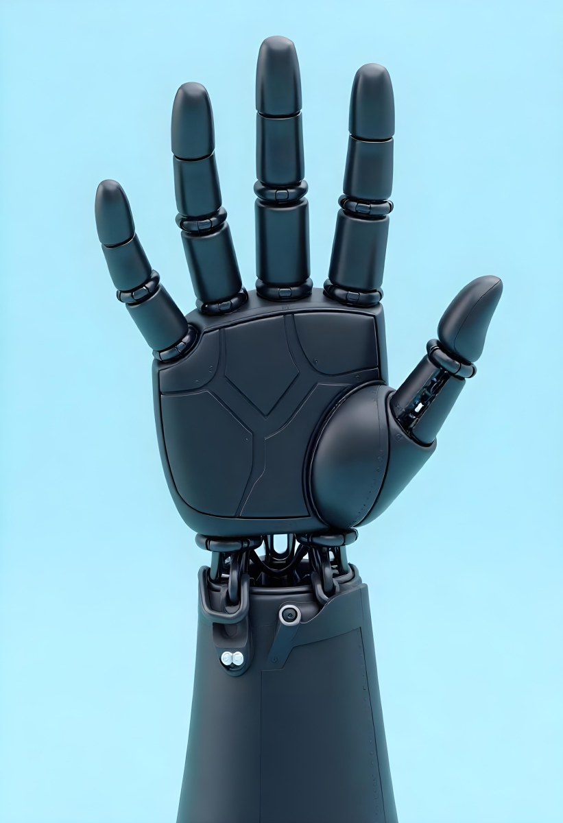 A Black Robotic Hand With Metallic Details Palm Facing Forward Fingers Slightly Curled Against A Solid Light Blue Background 26 8b3c