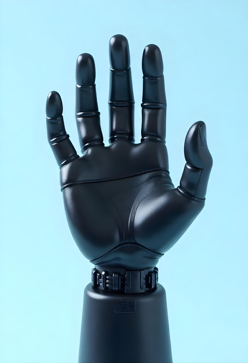 A Black Robotic Hand With Metallic Details Palm Facing Forward Fingers Slightly Curled Against A Solid Light Blue Background 27 F5d2
