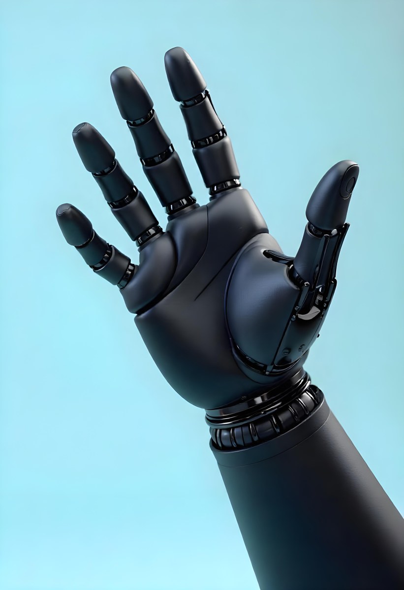 A Black Robotic Hand With Metallic Details Palm Facing Forward Fingers Slightly Curled Against A Solid Light Blue Background 28 Def4