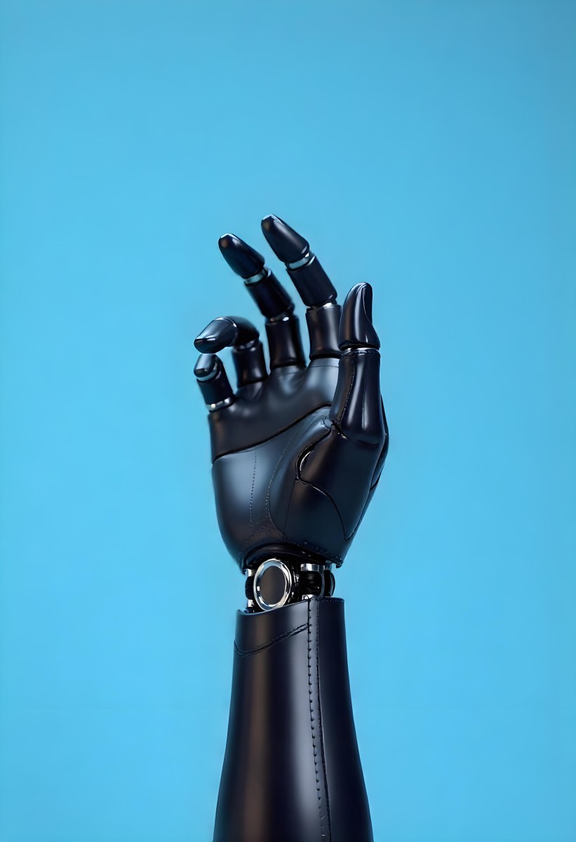 A Black Robotic Hand With Metallic Details Palm Facing Forward Fingers Slightly Curled Against A Solid Light Blue Background 3 39b2