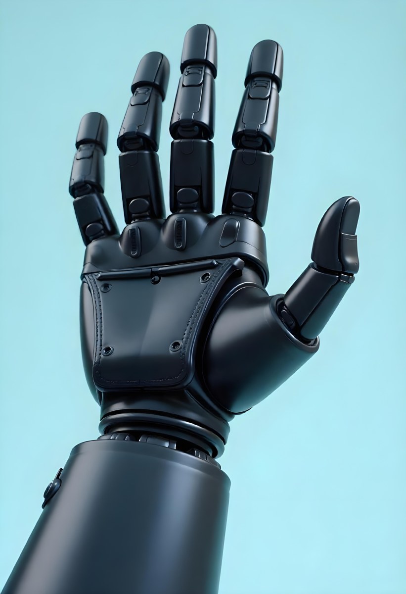 A Black Robotic Hand With Metallic Details Palm Facing Forward Fingers Slightly Curled Against A Solid Light Blue Background 4 5bc1