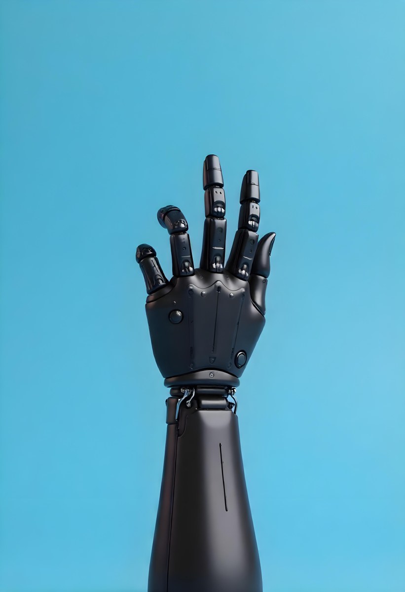 A Black Robotic Hand With Metallic Details Palm Facing Forward Fingers Slightly Curled Against A Solid Light Blue Background 5 50a0