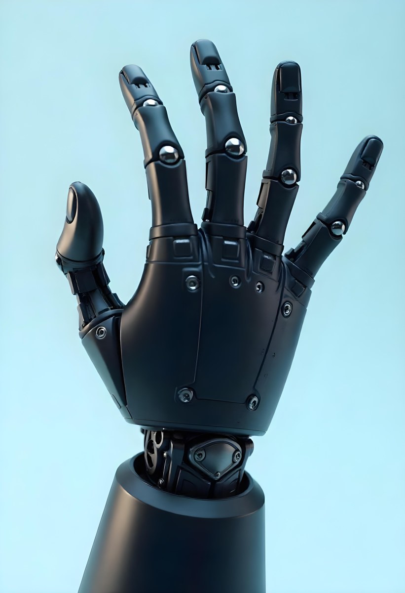 A Black Robotic Hand With Metallic Details Palm Facing Forward Fingers Slightly Curled Against A Solid Light Blue Background 6 Fc5d