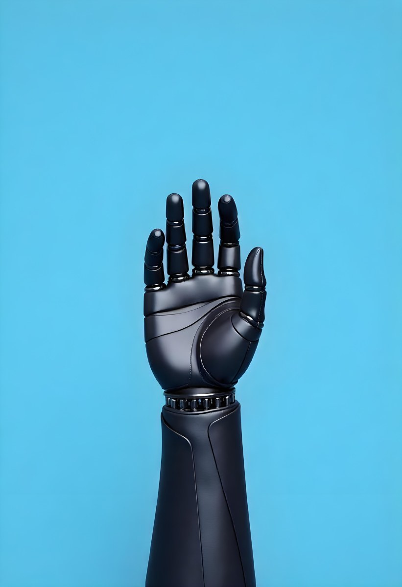 A Black Robotic Hand With Metallic Details Palm Facing Forward Fingers Slightly Curled Against A Solid Light Blue Background 8 Fcef