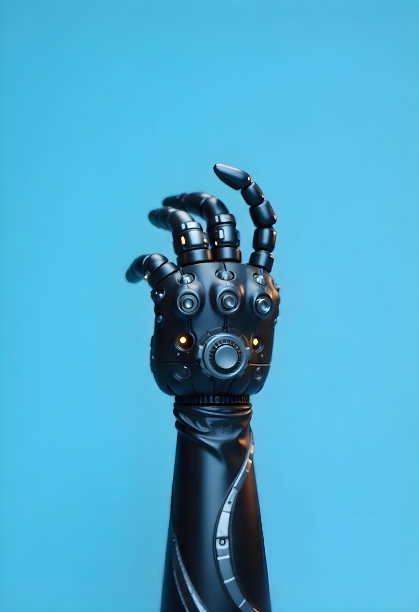 A Black Robotic Hand With Metallic Details Palm Facing Forward Fingers Slightly Curled Against A Solid Light Blue Background 9 3e8f