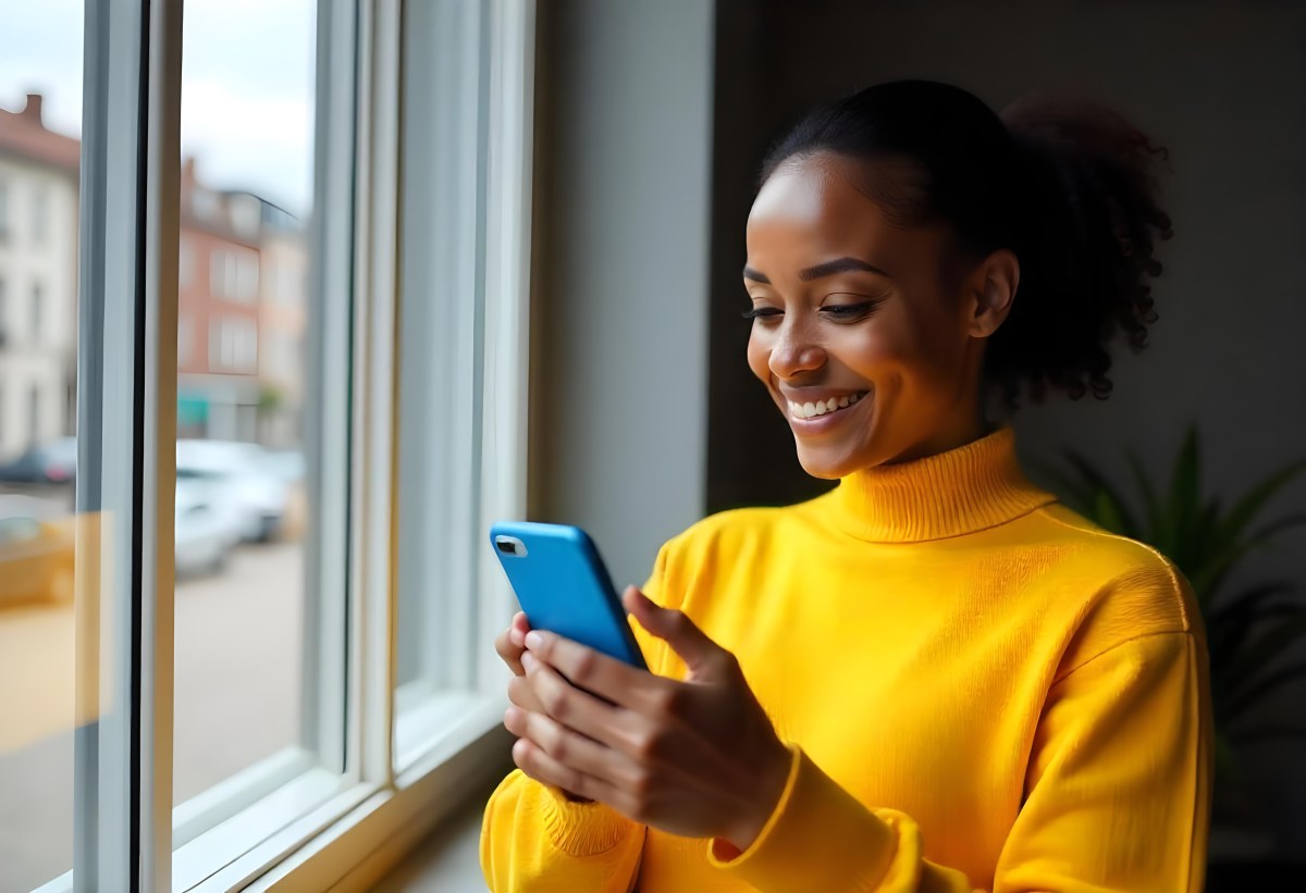 A Black Woman With Dark Skin Around 30 Years Old Wearing A Yellow Sweater And Holding A Blue Smartphone In Front Of A Window 17 8ef1