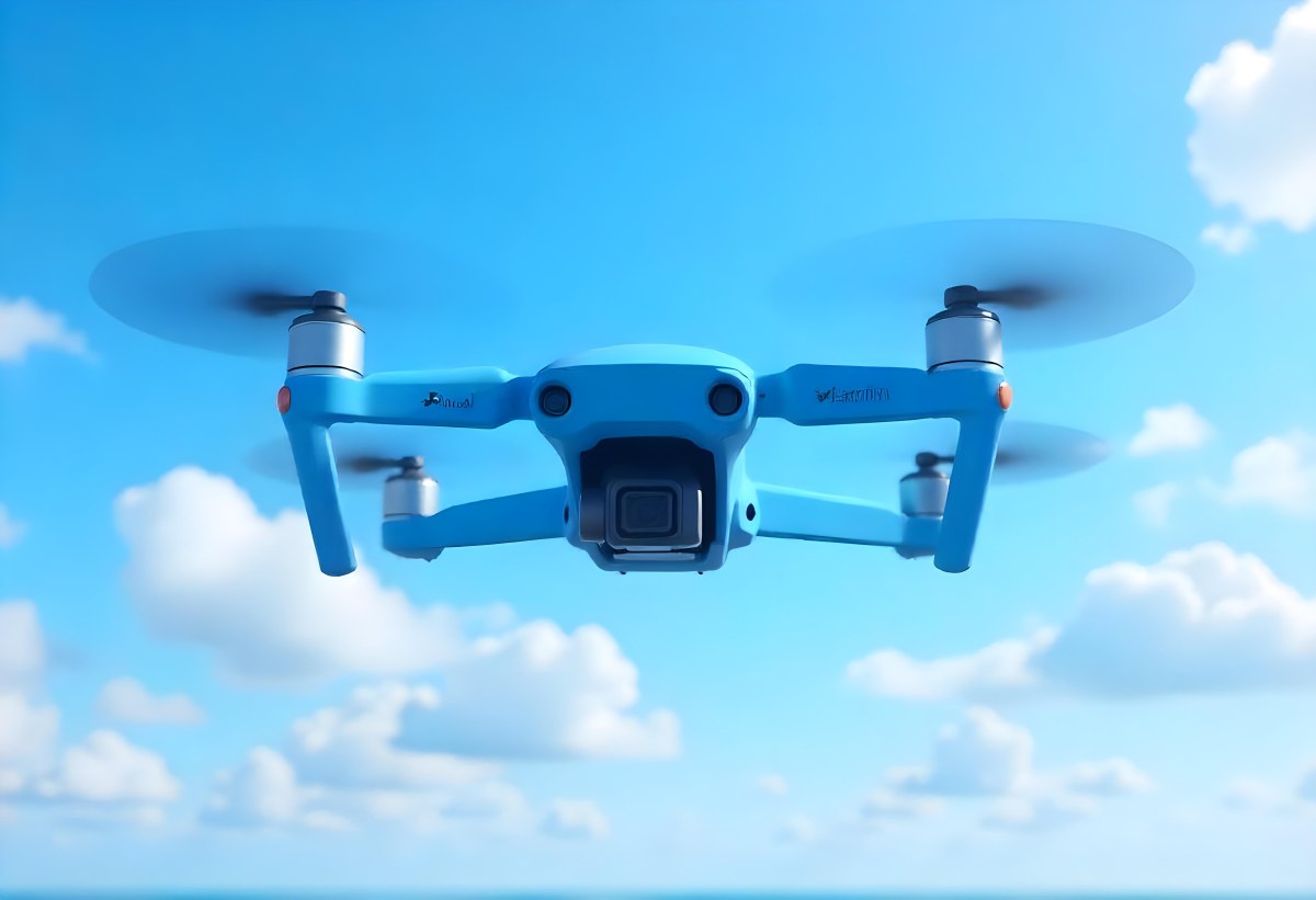 A Blue Dji Mini 3 Pro Drone With Blue Propellers In Mid Air Against A Bright Blue Sky With Scattered White Clouds 2 A435
