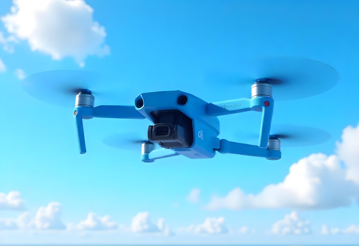 A Blue Dji Mini 3 Pro Drone With Blue Propellers In Mid Air Against A Bright Blue Sky With Scattered White Clouds 40 7cb5