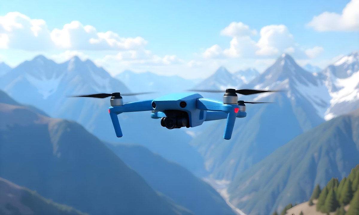 A Blue Drone Flying Over The Mountains With Mountains In The Background And A Clear Blue Sky 1 F56c