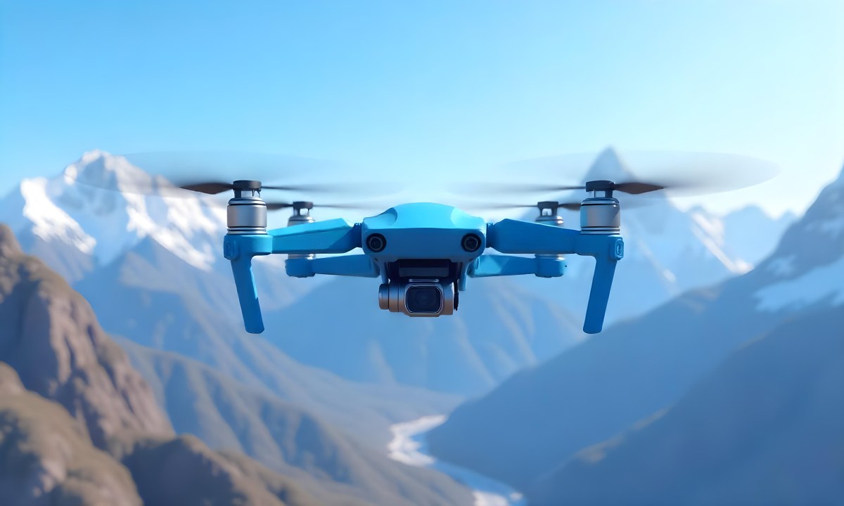 A Blue Drone Flying Over The Mountains With Mountains In The Background And A Clear Blue Sky 2 629a