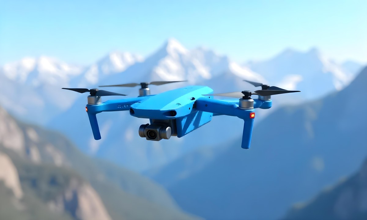 A Blue Drone Flying Over The Mountains With Mountains In The Background And A Clear Blue Sky 3 10b6