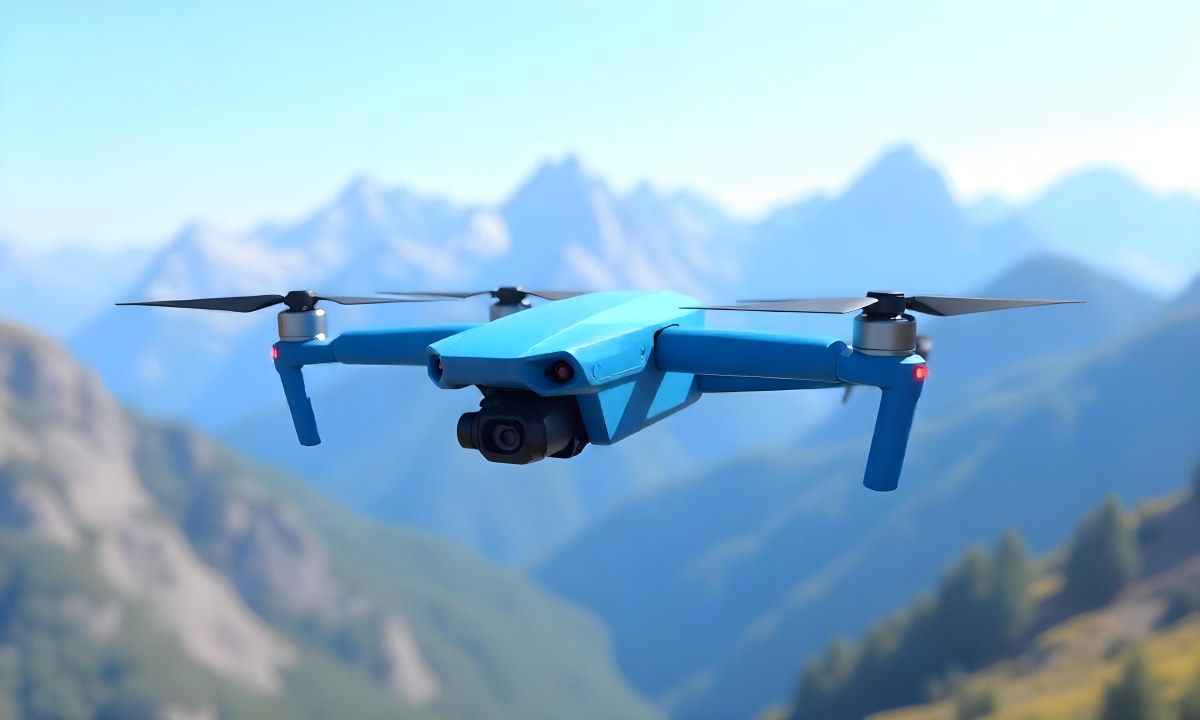 A Blue Drone Flying Over The Mountains With Mountains In The Background And A Clear Blue Sky 4 Ae3a