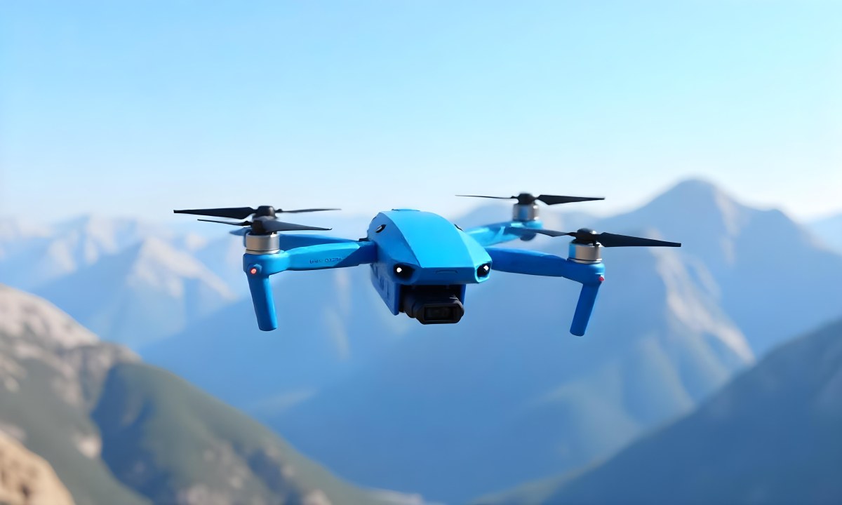 A Blue Drone Flying Over The Mountains With Mountains In The Background And A Clear Blue Sky 6 2c95