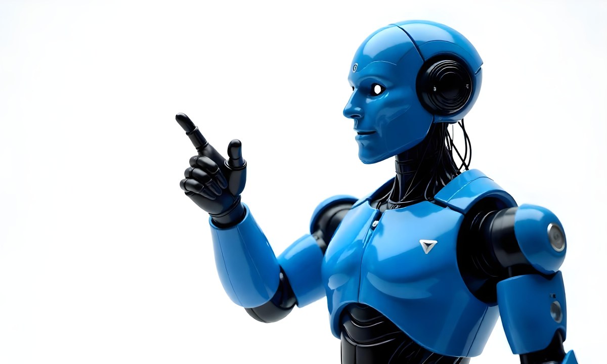 A Blue Humanoid Robot With Black Neck Cables Pointing Up With His Right Index Finger White Background 6 B3b2