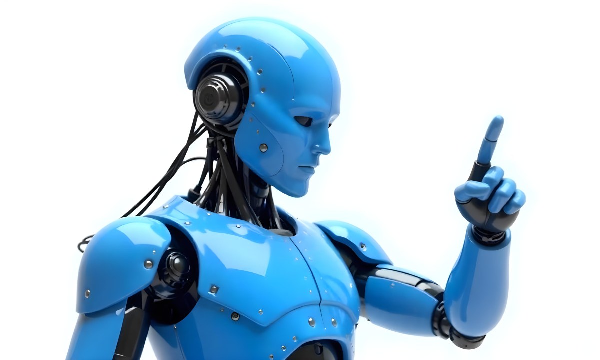 A Blue Humanoid Robot With Black Neck Cables Pointing Up With His Right Index Finger White Background 7 Fdaa