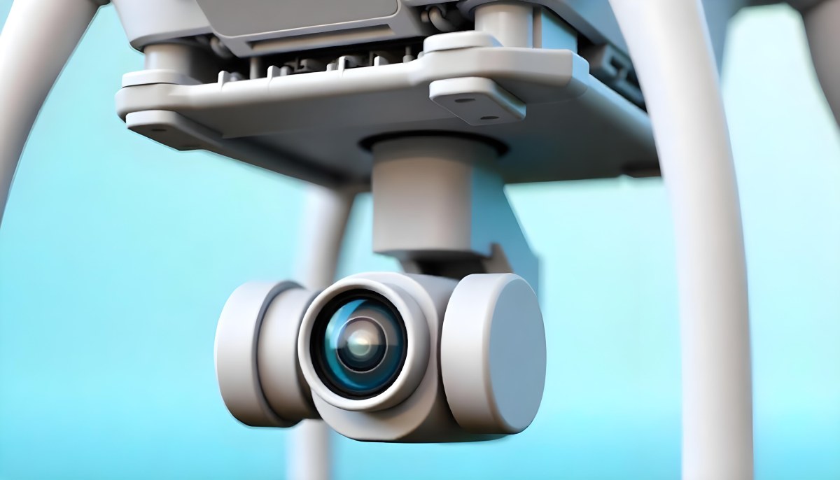 A Close Up Of A Drone Camera With A Lens And Blue Body Mounted On A White Drone With A Light Blue Background 10 E78f