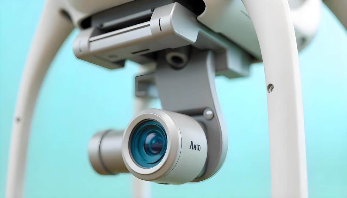 A Close Up Of A Drone Camera With A Lens And Blue Body Mounted On A White Drone With A Light Blue Background 5 8e3f