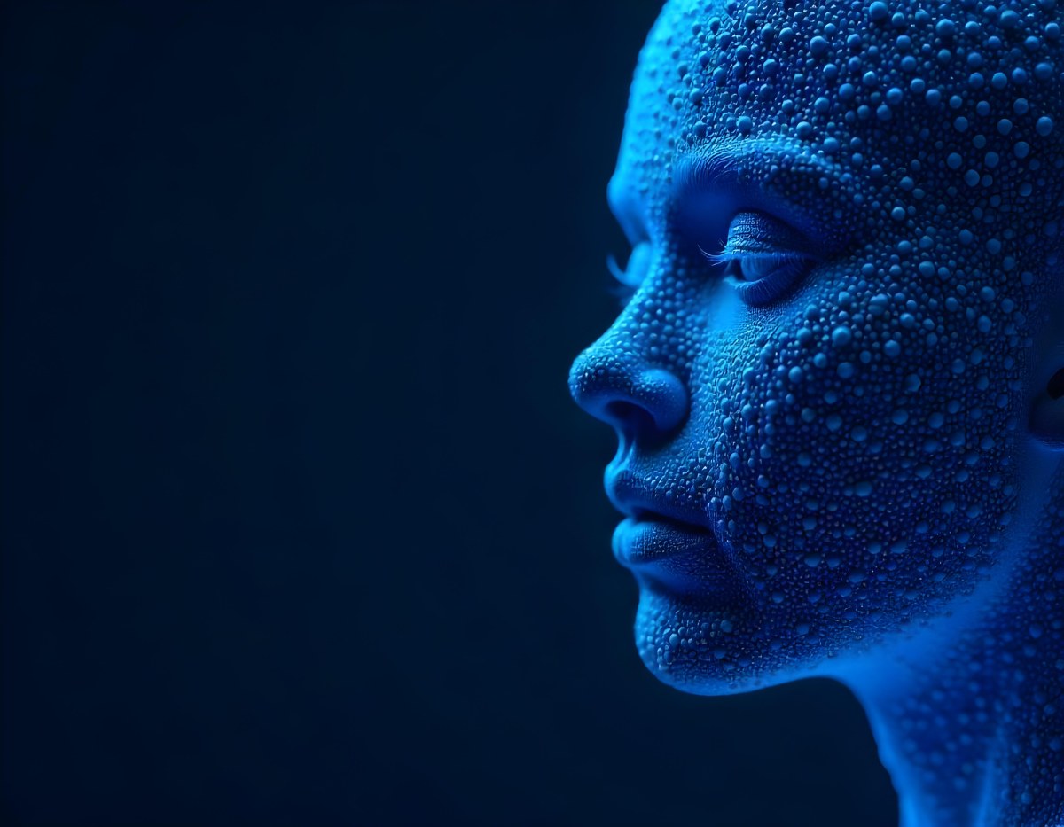 A Digital Face Made Of Blue Dots The Face Is In The Right Side Of The Image Dark Blue Background 11 4e51
